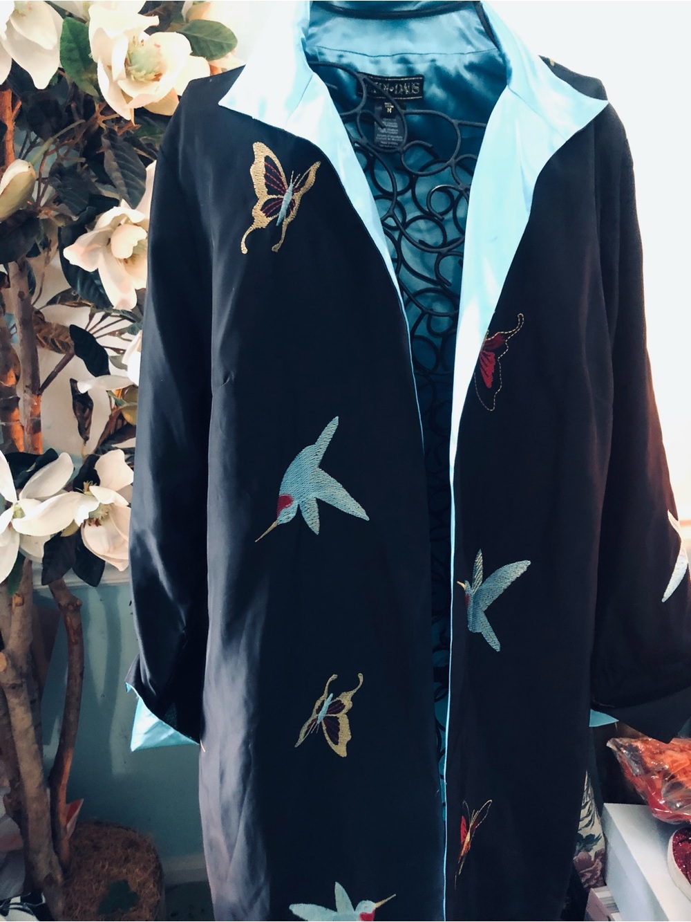 Heidi Daus Black Embroidered Bird Trench Coat with Turquoise Lining